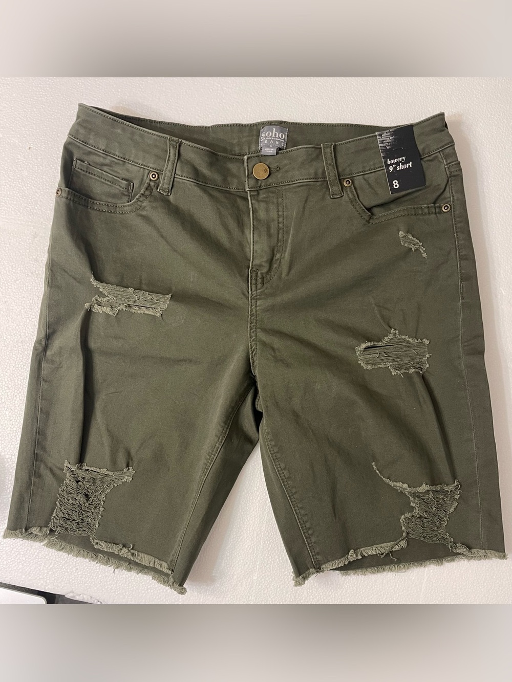 Soho Olive Distressed Bermuda Shorts